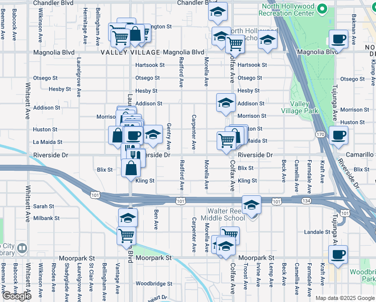 map of restaurants, bars, coffee shops, grocery stores, and more near 11857 Riverside Drive in Los Angeles