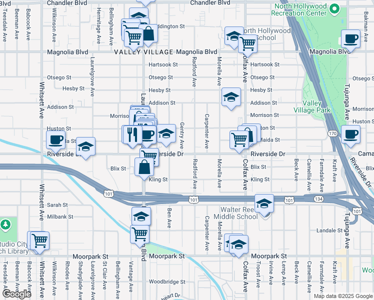 map of restaurants, bars, coffee shops, grocery stores, and more near 4807 Gentry Avenue in Los Angeles