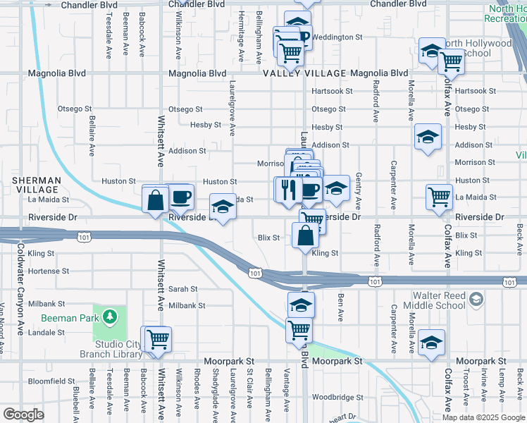 map of restaurants, bars, coffee shops, grocery stores, and more near 12217 Riverside Drive in Los Angeles