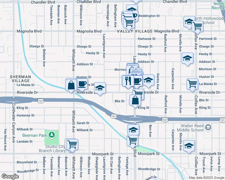 map of restaurants, bars, coffee shops, grocery stores, and more near 12217 Riverside Drive in Los Angeles
