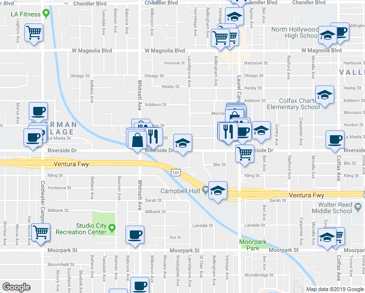 map of restaurants, bars, coffee shops, grocery stores, and more near 4809 Laurelgrove Avenue in Los Angeles