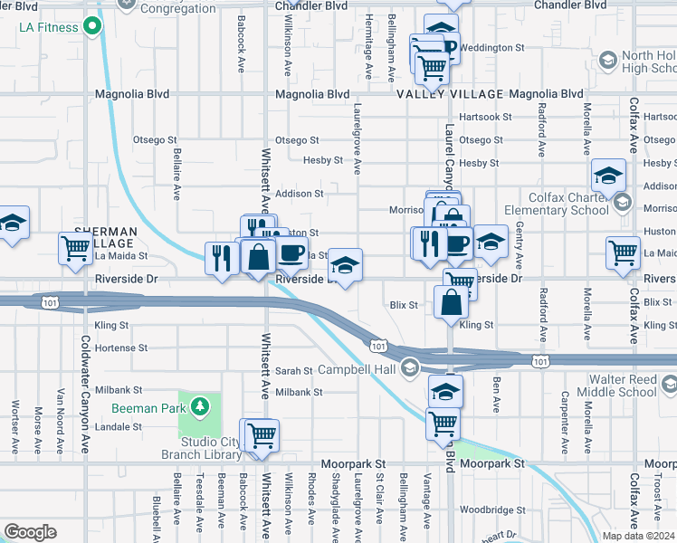 map of restaurants, bars, coffee shops, grocery stores, and more near 12345 Riverside Drive in Los Angeles