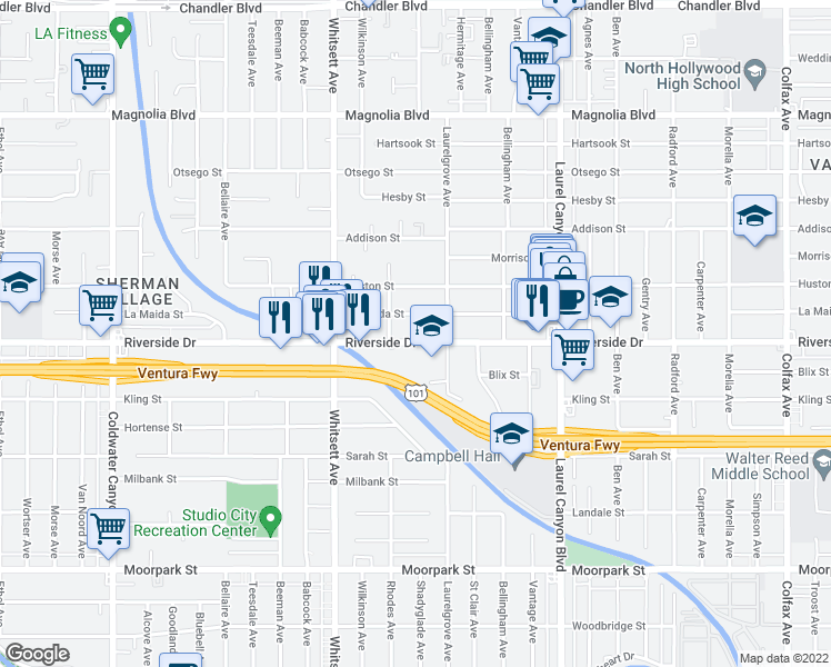map of restaurants, bars, coffee shops, grocery stores, and more near 12345 Riverside Drive in Los Angeles
