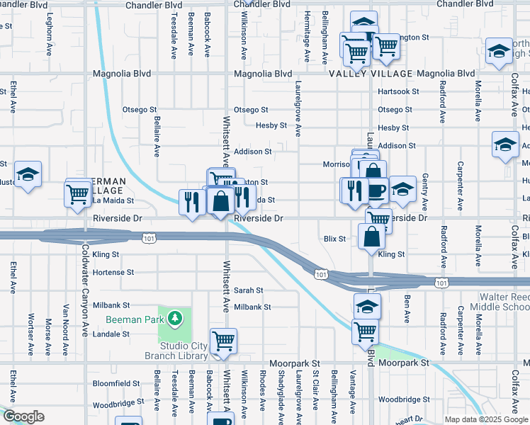 map of restaurants, bars, coffee shops, grocery stores, and more near 12345 Riverside Drive in Los Angeles
