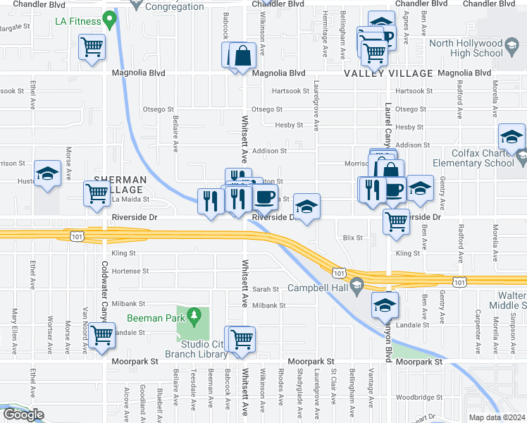 map of restaurants, bars, coffee shops, grocery stores, and more near 12421 Riverside Drive in Los Angeles
