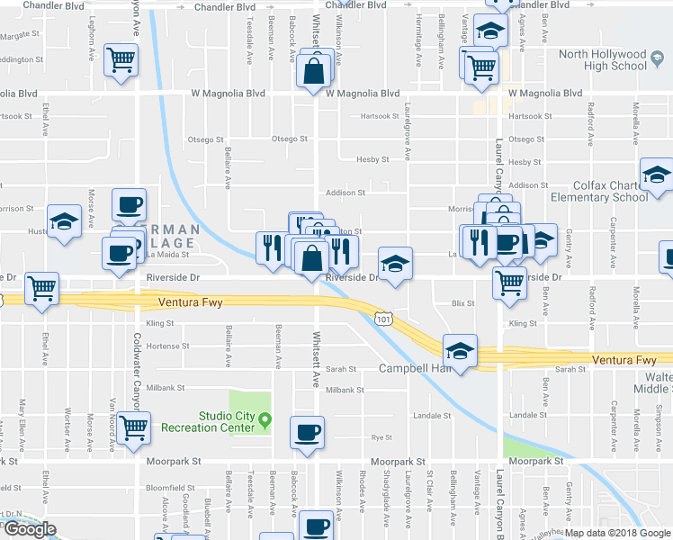 map of restaurants, bars, coffee shops, grocery stores, and more near 12421 Riverside Drive in Los Angeles