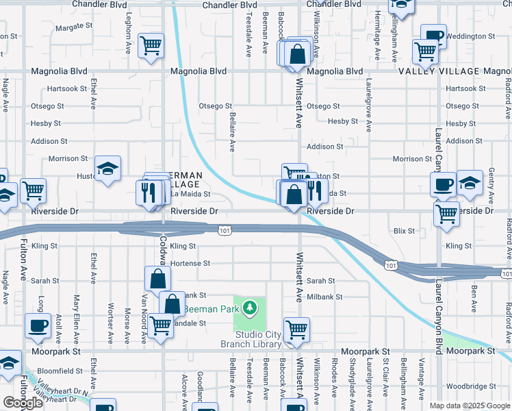 map of restaurants, bars, coffee shops, grocery stores, and more near 12699 Riverside Drive in Los Angeles