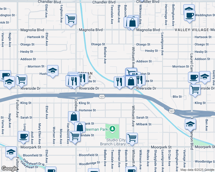 map of restaurants, bars, coffee shops, grocery stores, and more near 12699 Riverside Drive in Los Angeles