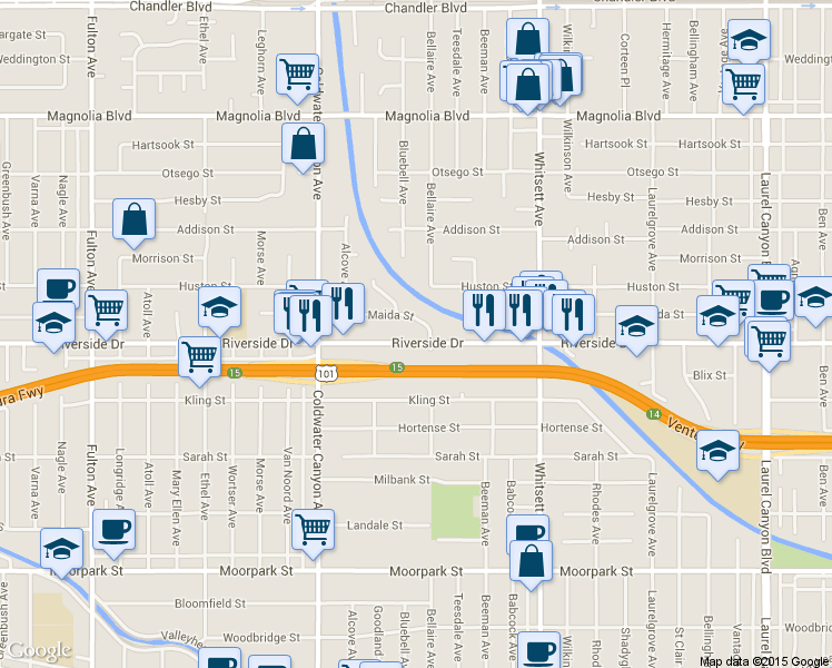 map of restaurants, bars, coffee shops, grocery stores, and more near 12717 Riverside Drive in Los Angeles