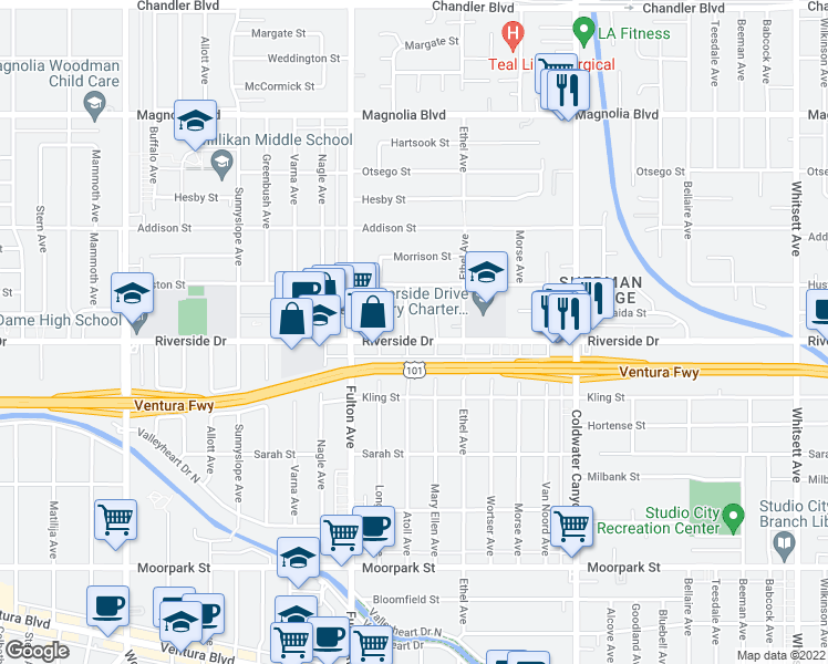 map of restaurants, bars, coffee shops, grocery stores, and more near 13205 Riverside Drive in Los Angeles
