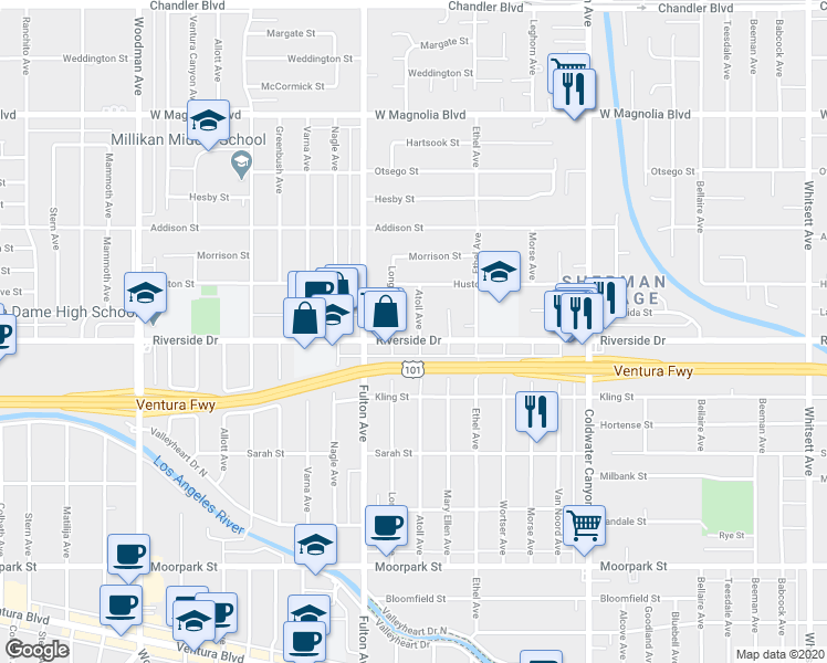 map of restaurants, bars, coffee shops, grocery stores, and more near 13205 Riverside Drive in Los Angeles