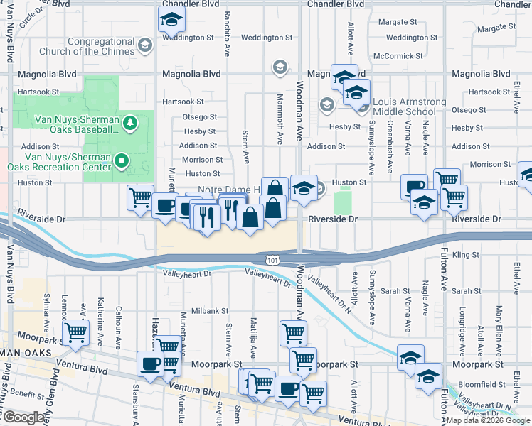 map of restaurants, bars, coffee shops, grocery stores, and more near 4813 Matilija Avenue in Los Angeles