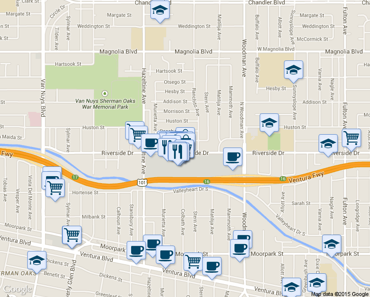 map of restaurants, bars, coffee shops, grocery stores, and more near 13967 Riverside Drive in Los Angeles
