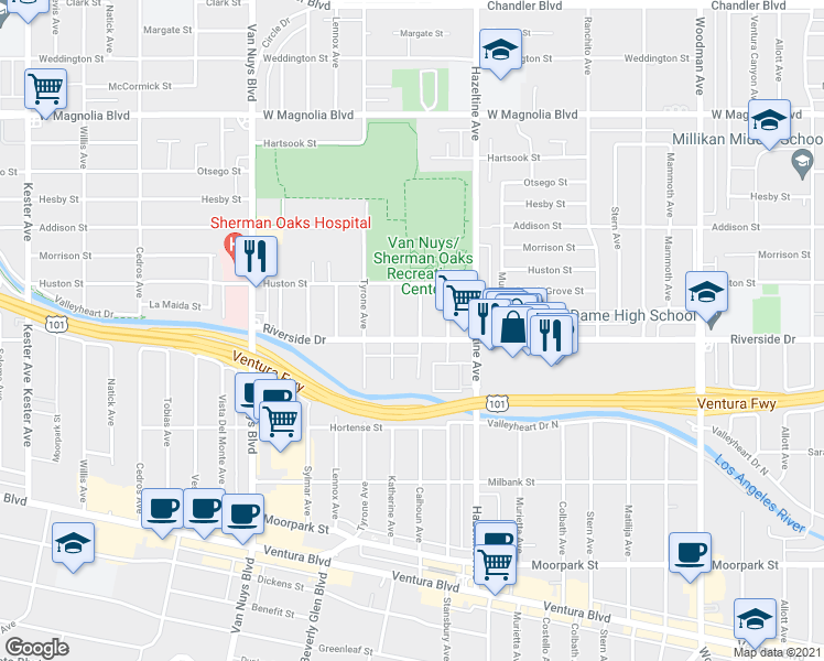map of restaurants, bars, coffee shops, grocery stores, and more near 14225 Riverside Drive in Los Angeles