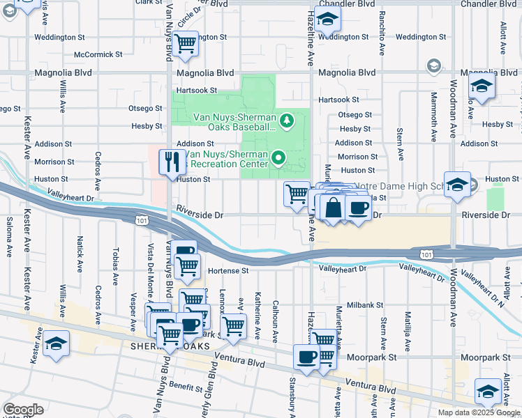 map of restaurants, bars, coffee shops, grocery stores, and more near 14225 Riverside Drive in Los Angeles