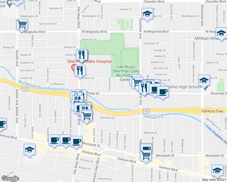 map of restaurants, bars, coffee shops, grocery stores, and more near 4817 Tyrone Avenue in Los Angeles