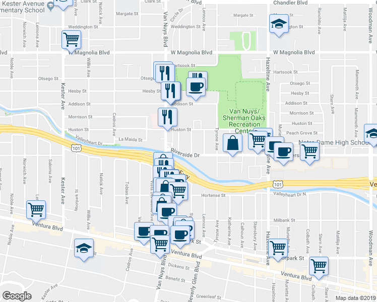 map of restaurants, bars, coffee shops, grocery stores, and more near 14427 Riverside Drive in Los Angeles