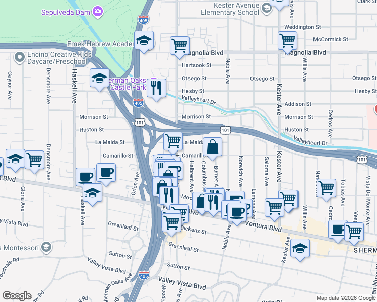 map of restaurants, bars, coffee shops, grocery stores, and more near 15243 Camarillo Street in Los Angeles