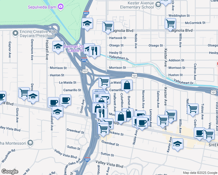 map of restaurants, bars, coffee shops, grocery stores, and more near 15243 Camarillo Street in Los Angeles