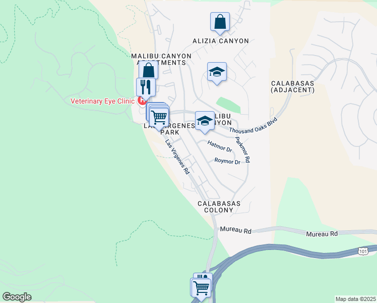 map of restaurants, bars, coffee shops, grocery stores, and more near 5544 Las Virgenes Road in Calabasas