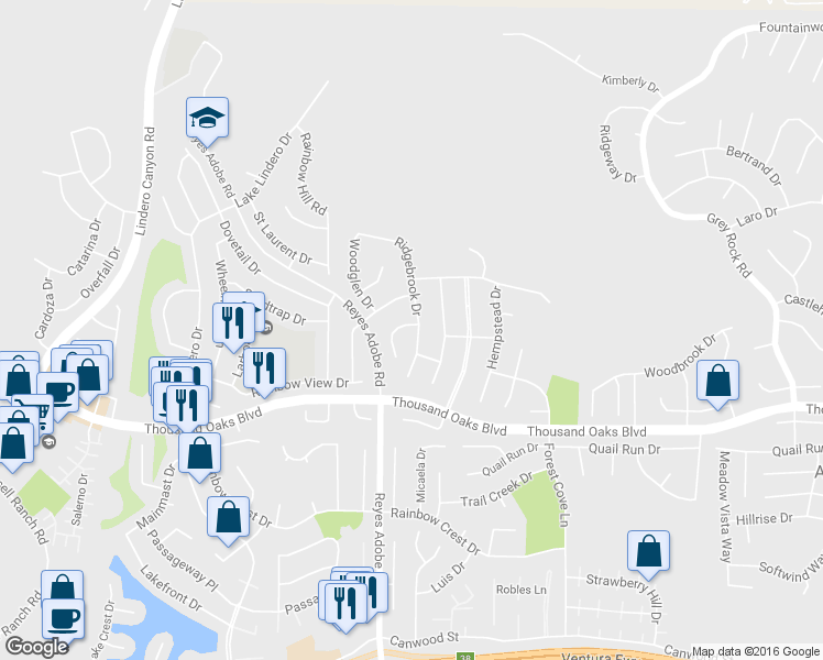 map of restaurants, bars, coffee shops, grocery stores, and more near 5773 Ridgebrook Drive in Agoura Hills