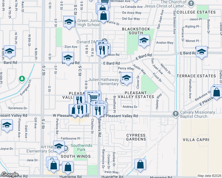 map of restaurants, bars, coffee shops, grocery stores, and more near 172 Fashion Park Place in Oxnard