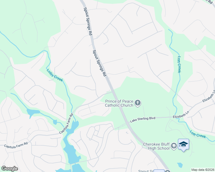 map of restaurants, bars, coffee shops, grocery stores, and more near 6340 Spout Springs Road in Flowery Branch