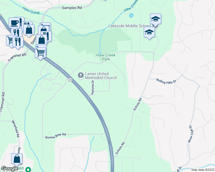 map of restaurants, bars, coffee shops, grocery stores, and more near 2530 Vistoria Drive in Cumming