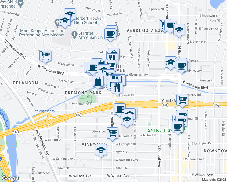 map of restaurants, bars, coffee shops, grocery stores, and more near 513 Hahn Ave in Glendale