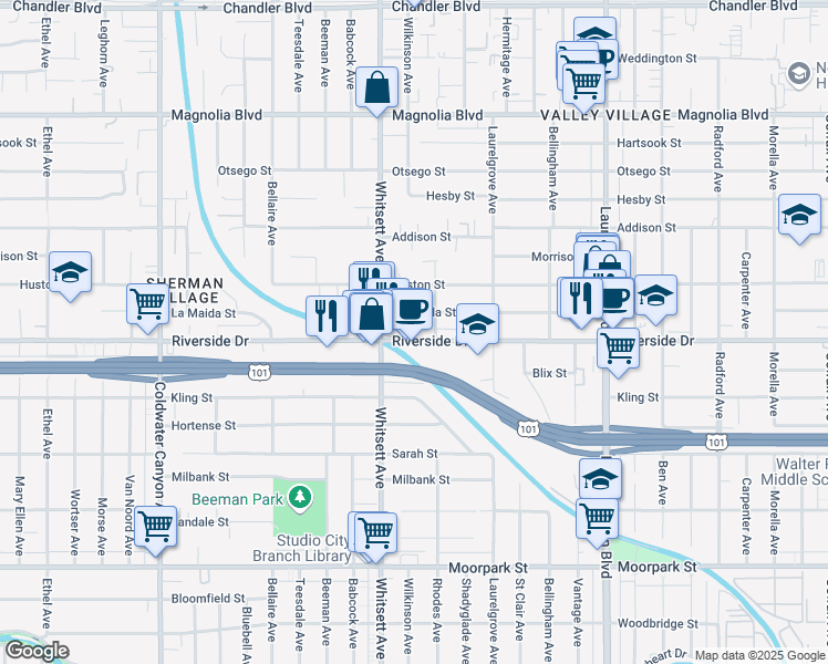 map of restaurants, bars, coffee shops, grocery stores, and more near 12421 Riverside Drive in Los Angeles