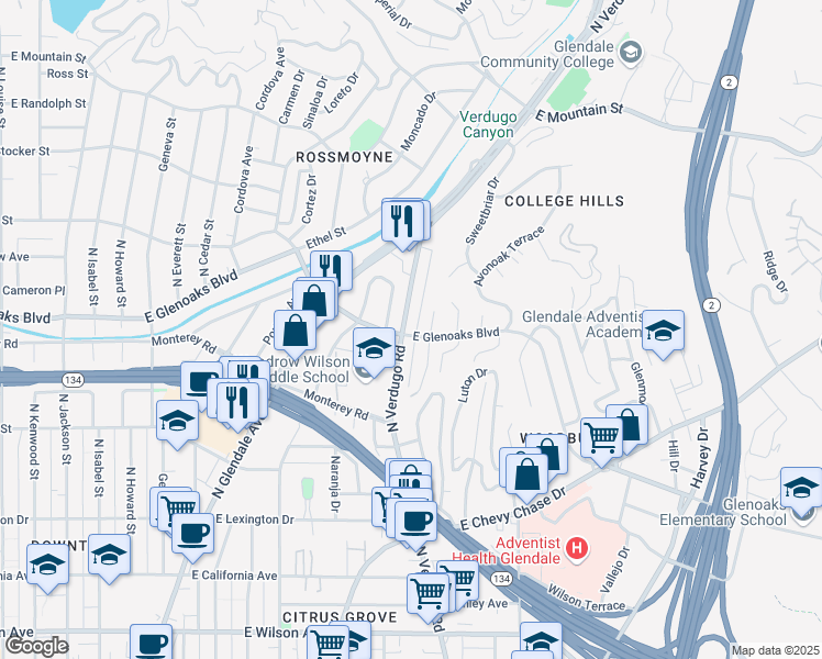 map of restaurants, bars, coffee shops, grocery stores, and more near 1305 East Glenoaks Boulevard in Glendale