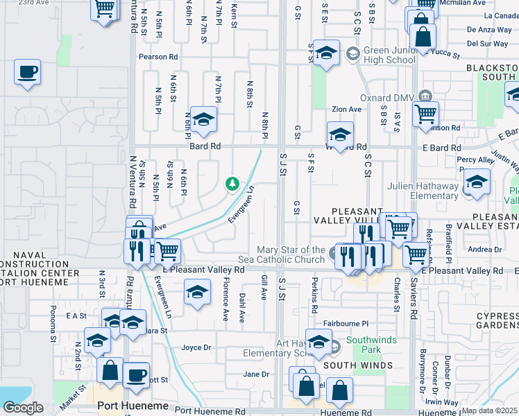 map of restaurants, bars, coffee shops, grocery stores, and more near 1021 Gill Avenue in Port Hueneme
