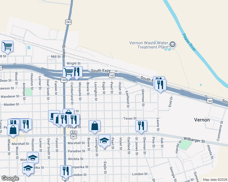 map of restaurants, bars, coffee shops, grocery stores, and more near 1219 Pearl Street in Vernon