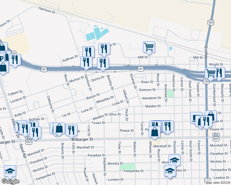 map of restaurants, bars, coffee shops, grocery stores, and more near 1103 Bentley Street in Vernon