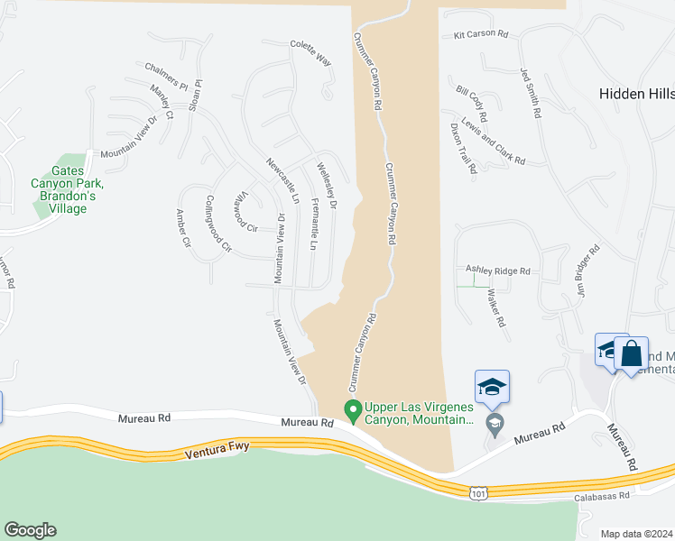 map of restaurants, bars, coffee shops, grocery stores, and more near 5416 Wellesley Drive in Calabasas