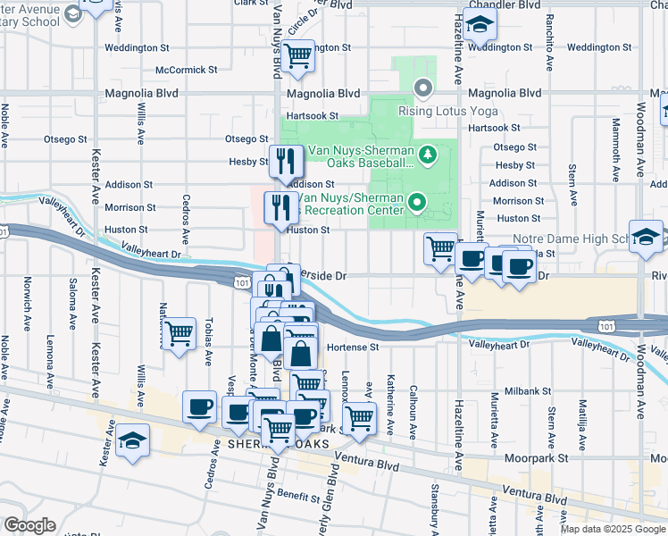 map of restaurants, bars, coffee shops, grocery stores, and more near 14347 Riverside Drive in Los Angeles