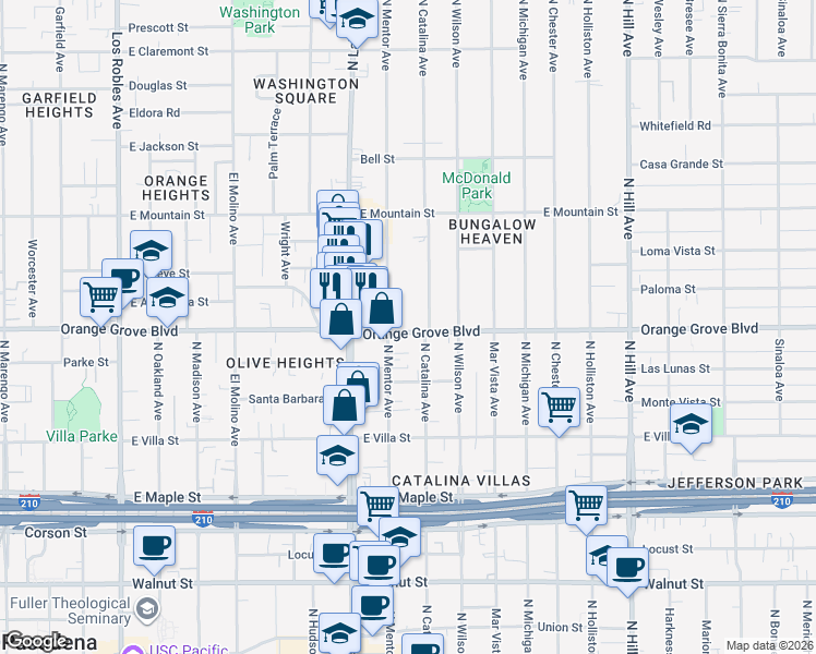 map of restaurants, bars, coffee shops, grocery stores, and more near 981 East Orange Grove Boulevard in Pasadena