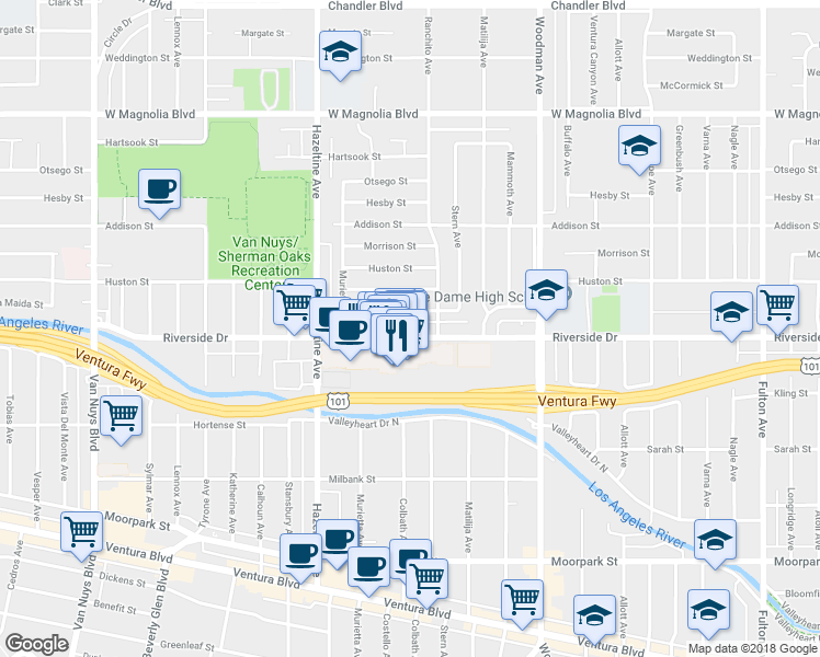 map of restaurants, bars, coffee shops, grocery stores, and more near 13967 Riverside Drive in Los Angeles