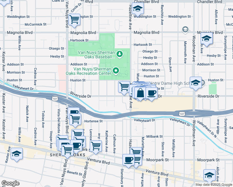 map of restaurants, bars, coffee shops, grocery stores, and more near 14141 Riverside Drive in Los Angeles