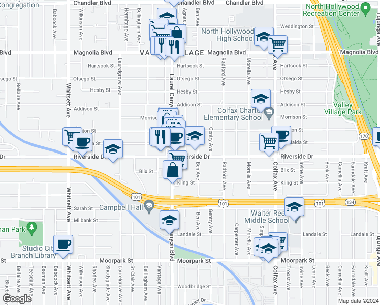 map of restaurants, bars, coffee shops, grocery stores, and more near 12021 Riverside Drive in Los Angeles