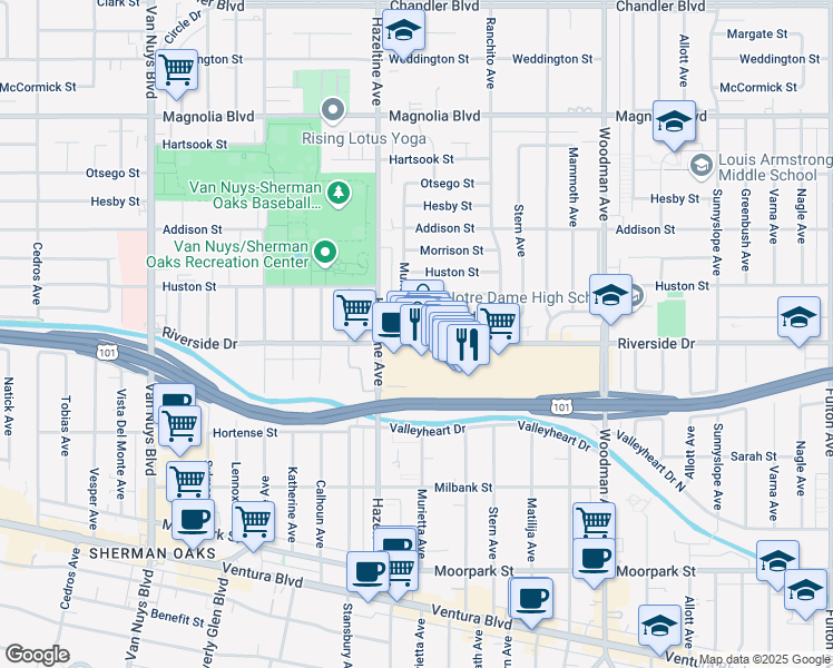 map of restaurants, bars, coffee shops, grocery stores, and more near 14025 Riverside Drive in Los Angeles