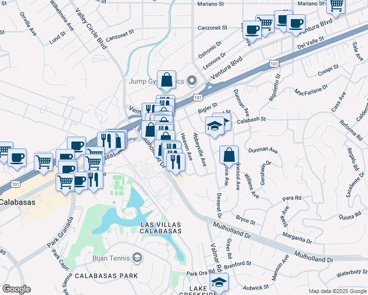map of restaurants, bars, coffee shops, grocery stores, and more near 4821 Heaven Avenue in Los Angeles