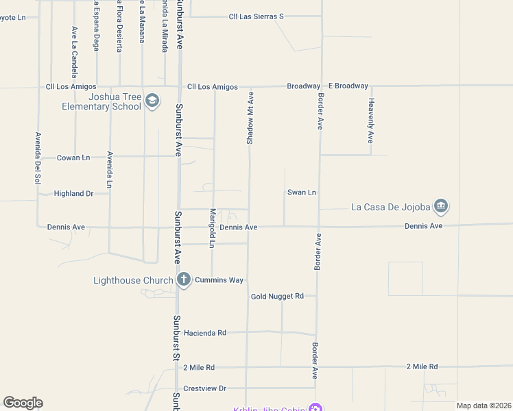 map of restaurants, bars, coffee shops, grocery stores, and more near 5243 Shadow Mountain Avenue in Joshua Tree