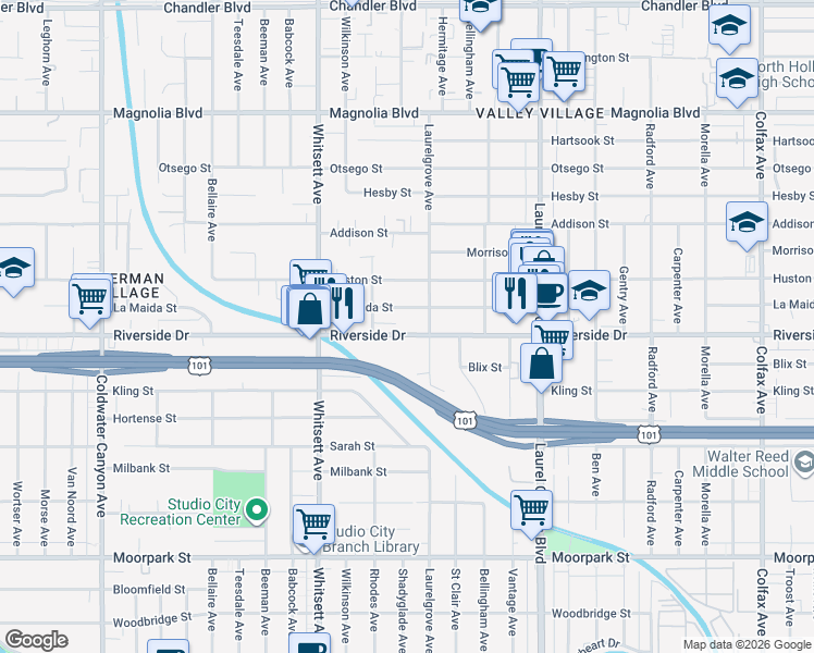 map of restaurants, bars, coffee shops, grocery stores, and more near 12345 Riverside Drive in Los Angeles