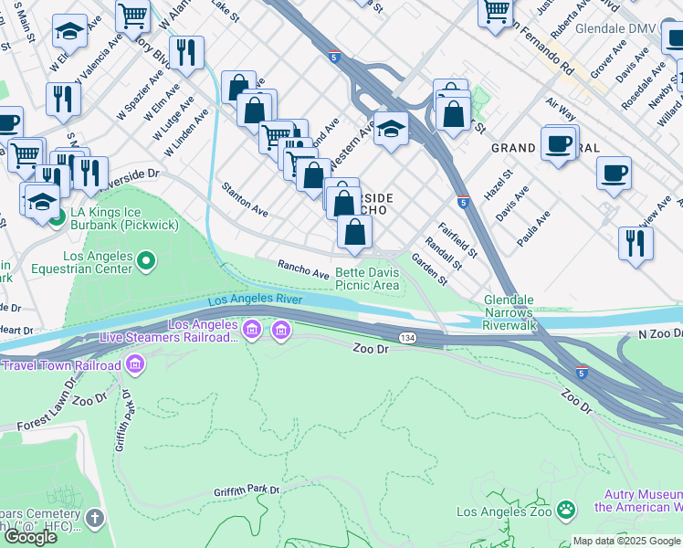 map of restaurants, bars, coffee shops, grocery stores, and more near 1533 Rancho Avenue in Glendale