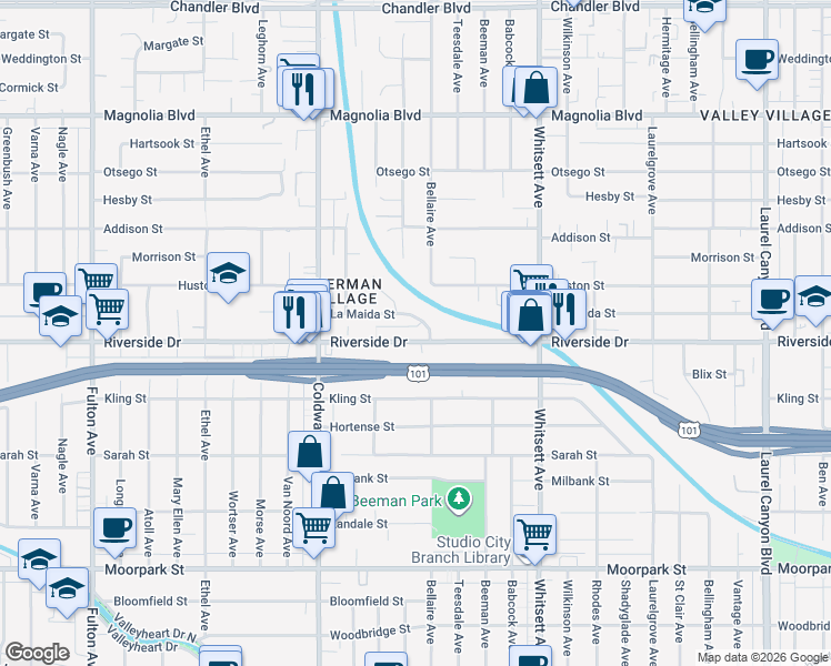 map of restaurants, bars, coffee shops, grocery stores, and more near 12717 Riverside Drive in Los Angeles