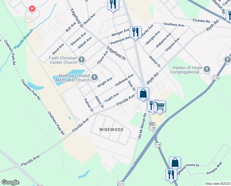 map of restaurants, bars, coffee shops, grocery stores, and more near 726 Truett Avenue in Greenwood