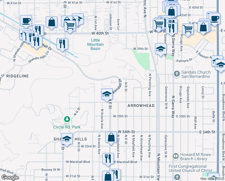 map of restaurants, bars, coffee shops, grocery stores, and more near 3655 North E Street in San Bernardino