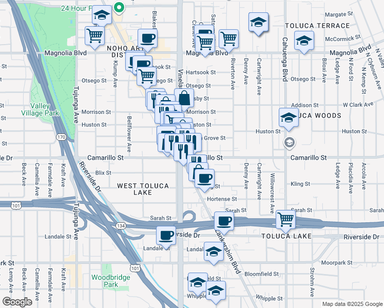 map of restaurants, bars, coffee shops, grocery stores, and more near 4817 Craner Avenue in Los Angeles
