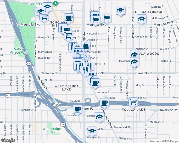 map of restaurants, bars, coffee shops, grocery stores, and more near 10935 Camarillo Street in Los Angeles